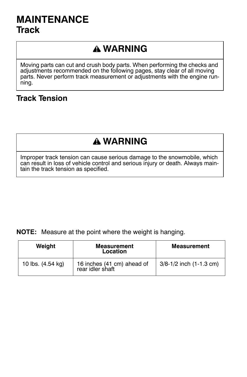 Maintenance, Track, Warning | Track tension | Polaris Widetrak LX User Manual | Page 93 / 130