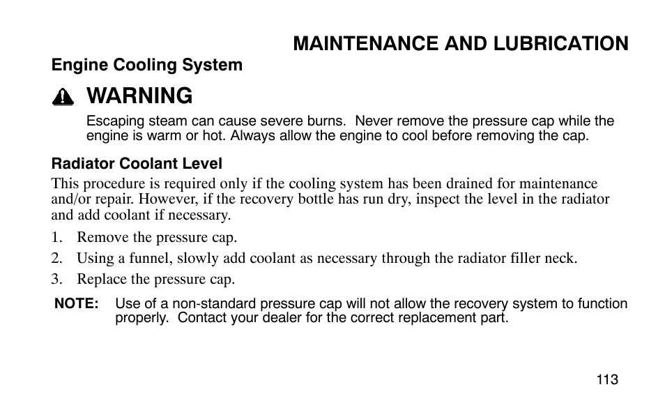 Warning, Maintenance and lubrication | Polaris Predator 9920779 User Manual | Page 116 / 191