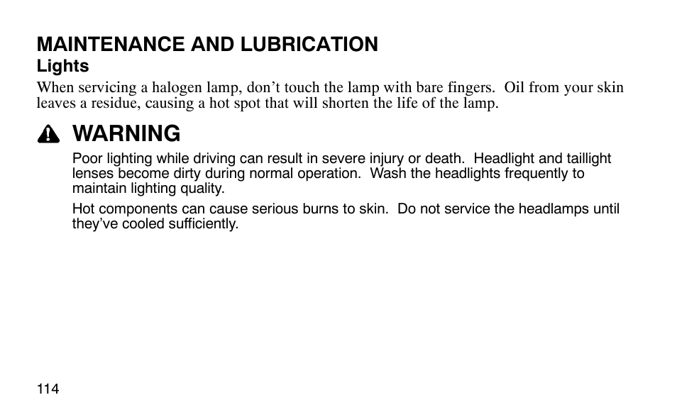 Warning, Maintenance and lubrication | Polaris Predator 9920779 User Manual | Page 117 / 191