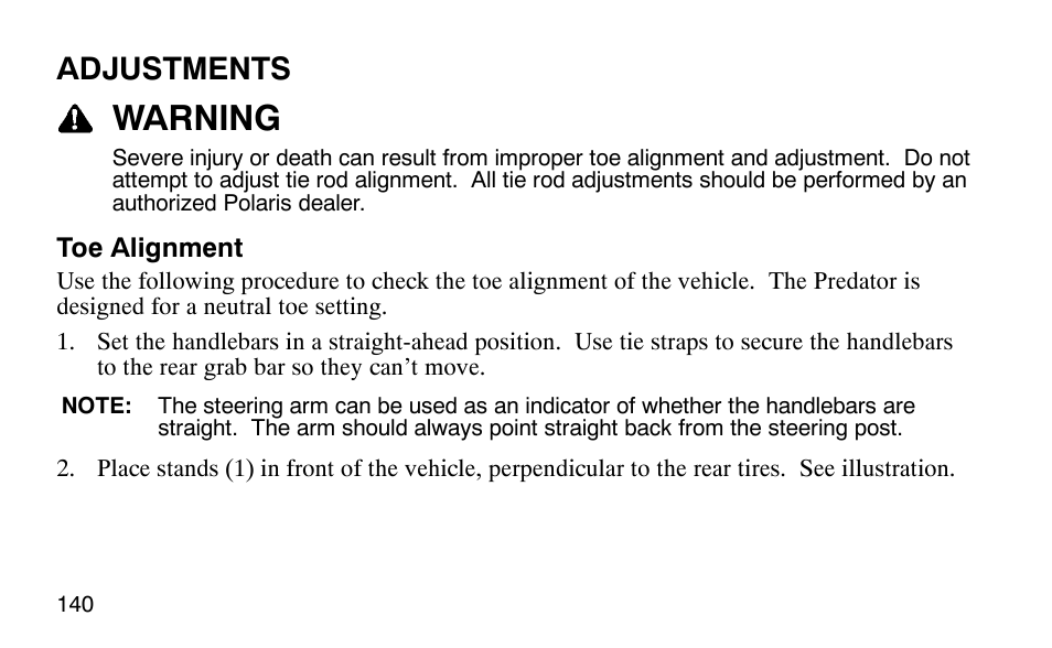 Warning, Adjustments | Polaris Predator 9920779 User Manual | Page 143 / 191