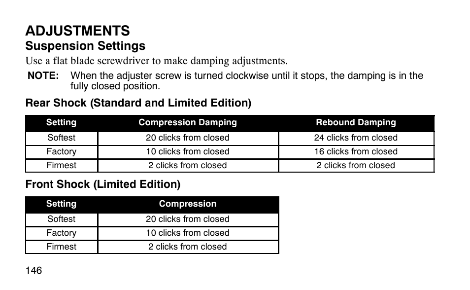 Adjustments, Suspension settings | Polaris Predator 9920779 User Manual | Page 149 / 191