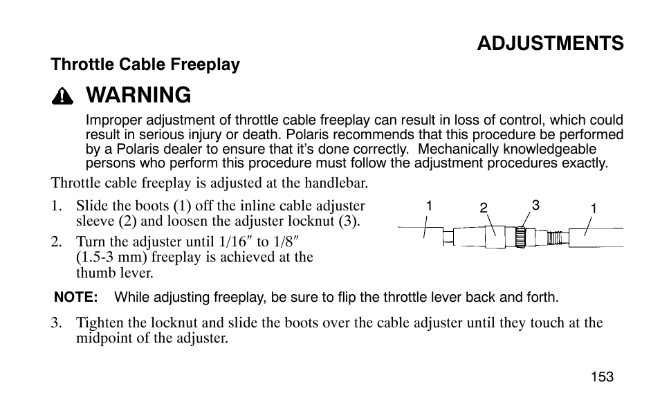 Warning, Adjustments | Polaris Predator 9920779 User Manual | Page 156 / 191