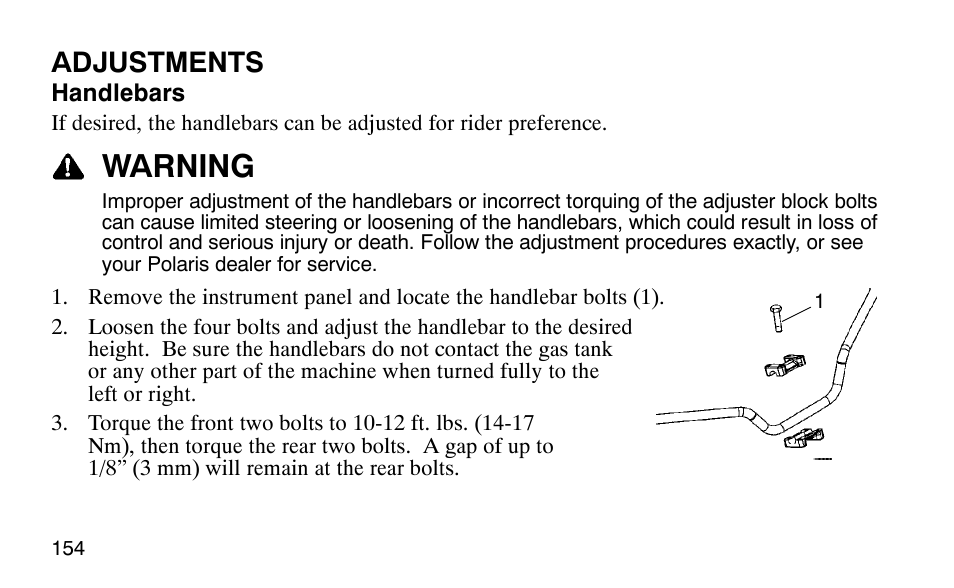 Warning, Adjustments | Polaris Predator 9920779 User Manual | Page 157 / 191