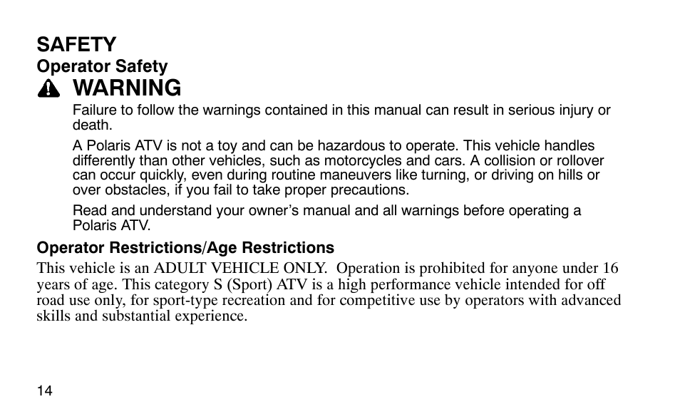 Warning, Safety | Polaris Predator 9920779 User Manual | Page 17 / 191