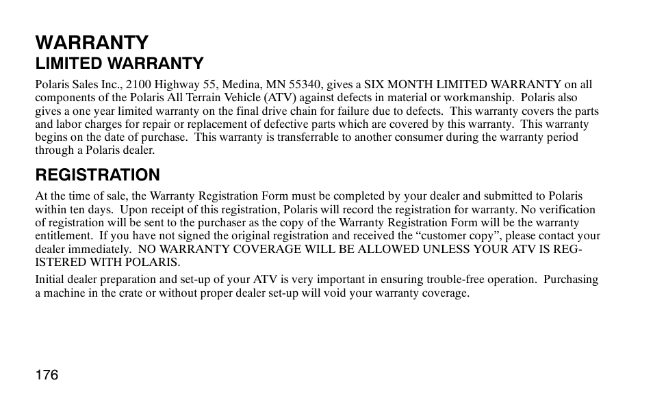 Warranty, Limited warranty, Registration | Polaris Predator 9920779 User Manual | Page 179 / 191