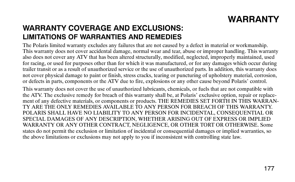 Warranty, Warranty coverage and exclusions | Polaris Predator 9920779 User Manual | Page 180 / 191