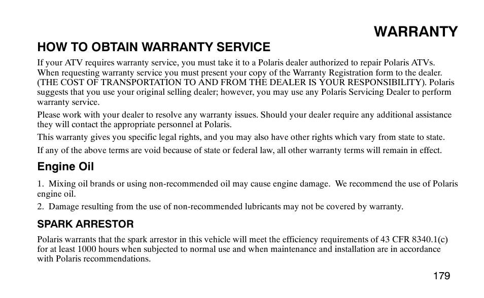 Warranty, How to obtain warranty service | Polaris Predator 9920779 User Manual | Page 182 / 191