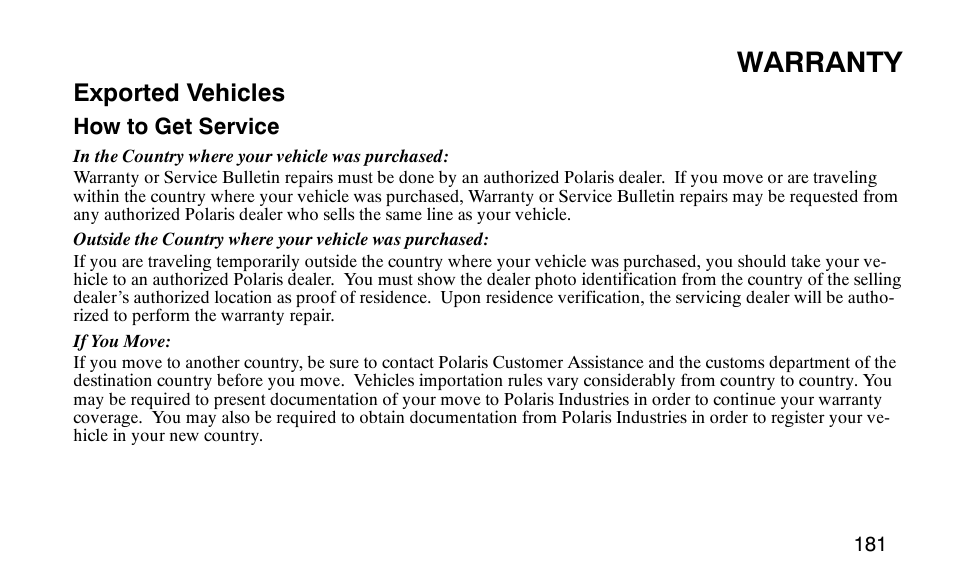 Warranty, Exported vehicles | Polaris Predator 9920779 User Manual | Page 184 / 191