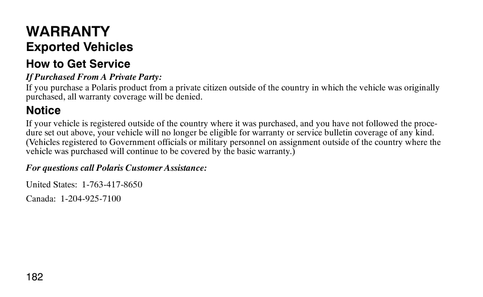 Warranty, Exported vehicles | Polaris Predator 9920779 User Manual | Page 185 / 191