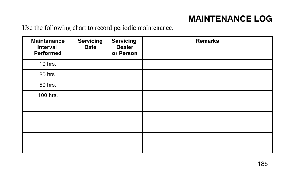 Maintenance log | Polaris Predator 9920779 User Manual | Page 188 / 191