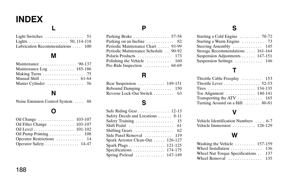 Index | Polaris Predator 9920779 User Manual | Page 191 / 191
