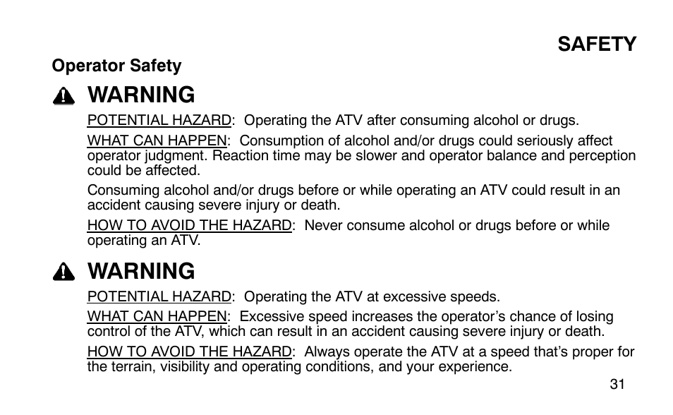 Warning, Safety | Polaris Predator 9920779 User Manual | Page 34 / 191