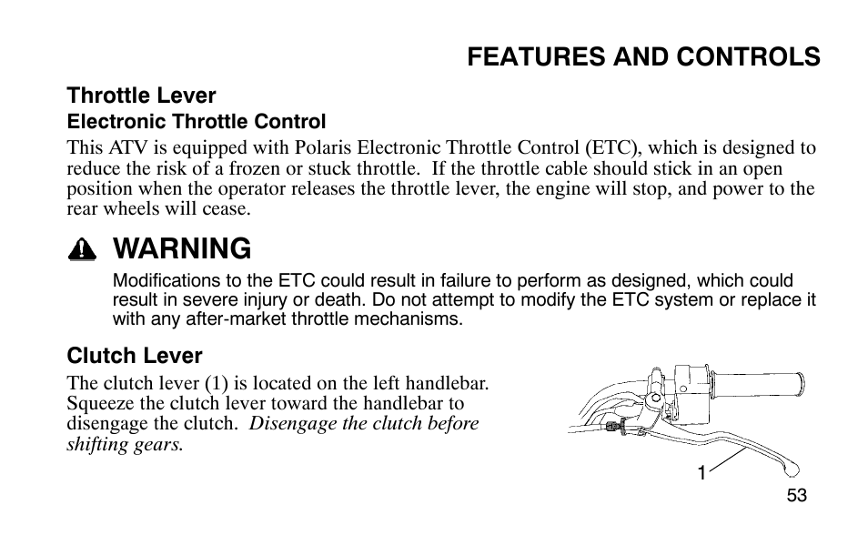 Warning, Features and controls | Polaris Predator 9920779 User Manual | Page 56 / 191
