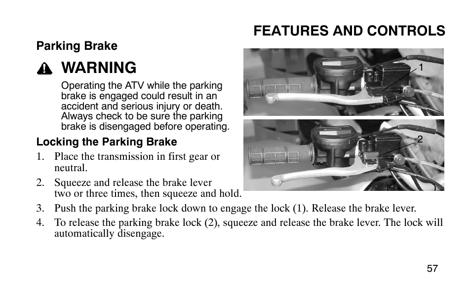 Warning, Features and controls | Polaris Predator 9920779 User Manual | Page 60 / 191