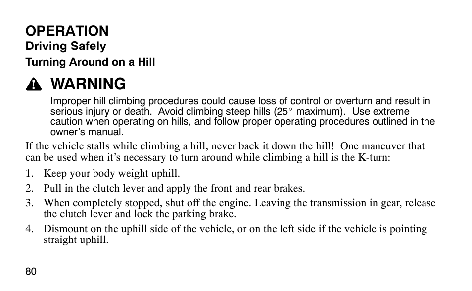 Warning, Operation | Polaris Predator 9920779 User Manual | Page 83 / 191