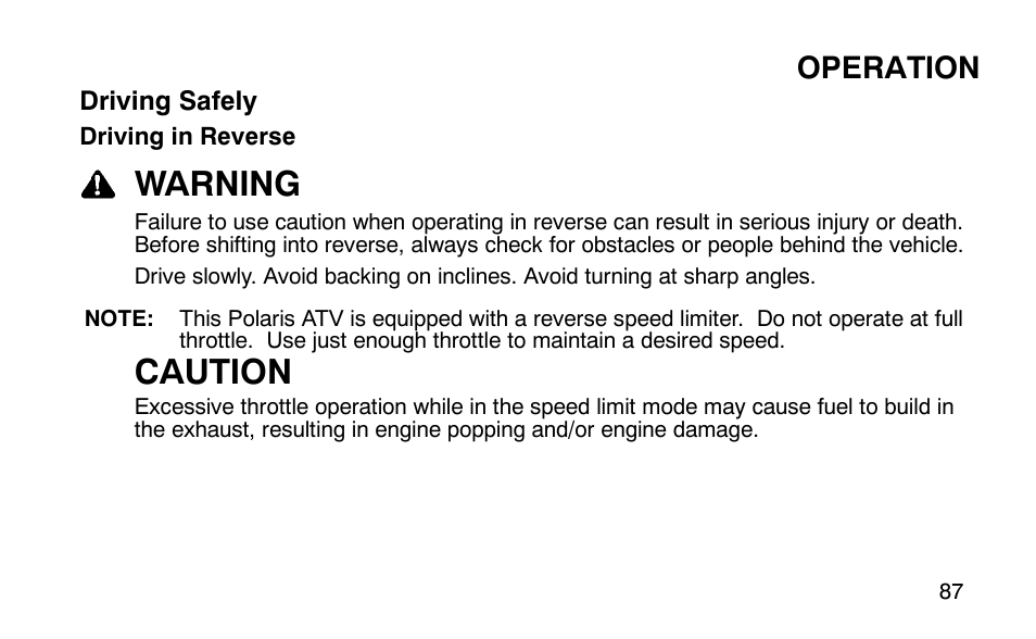 Warning, Caution, Operation | Polaris Predator 9920779 User Manual | Page 90 / 191