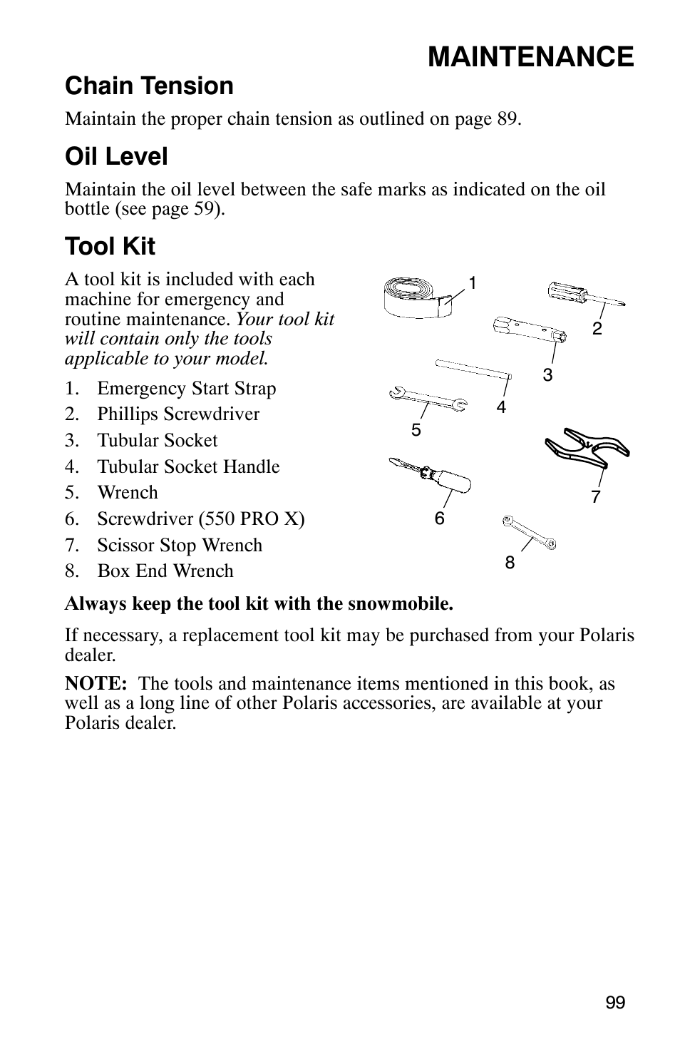 Maintenance, Chain tension, Oil level | Tool kit | Polaris 800 Pro X User Manual | Page 101 / 129