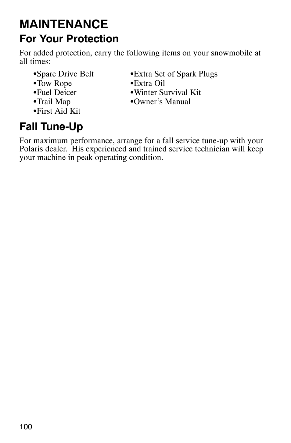 Maintenance, For your protection, Fall tune-up | Polaris 800 Pro X User Manual | Page 102 / 129