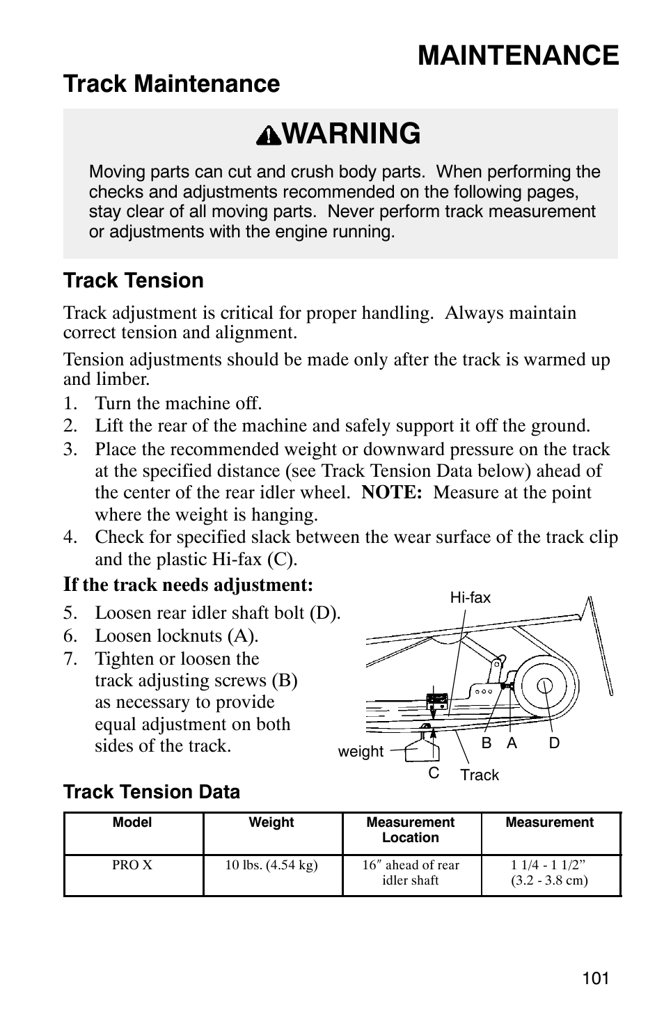 Warning, Maintenance, Track maintenance | Track tension | Polaris 800 Pro X User Manual | Page 103 / 129