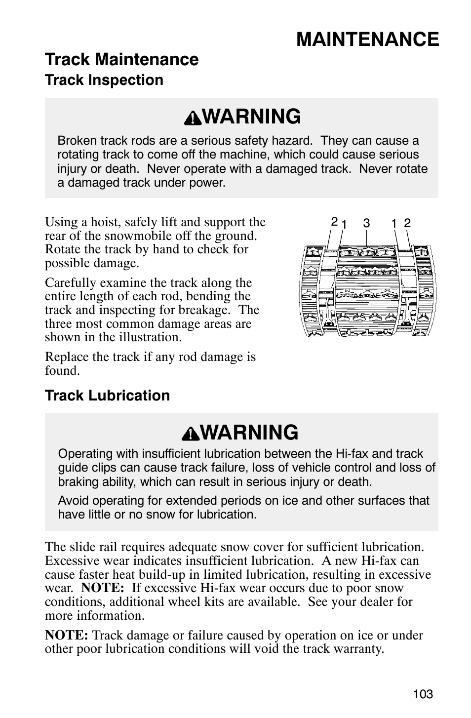 Warning, Maintenance, Track maintenance | Polaris 800 Pro X User Manual | Page 105 / 129