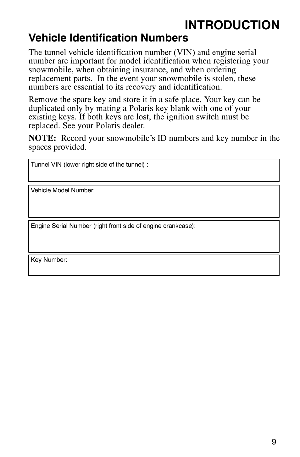 Introduction, Vehicle identification numbers | Polaris 800 Pro X User Manual | Page 11 / 129