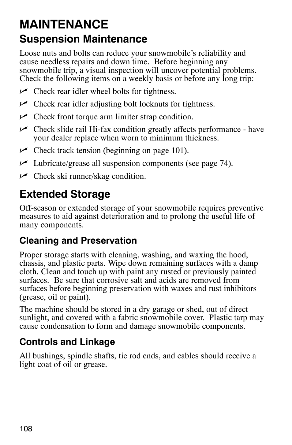 Maintenance, Suspension maintenance, Extended storage | Polaris 800 Pro X User Manual | Page 110 / 129