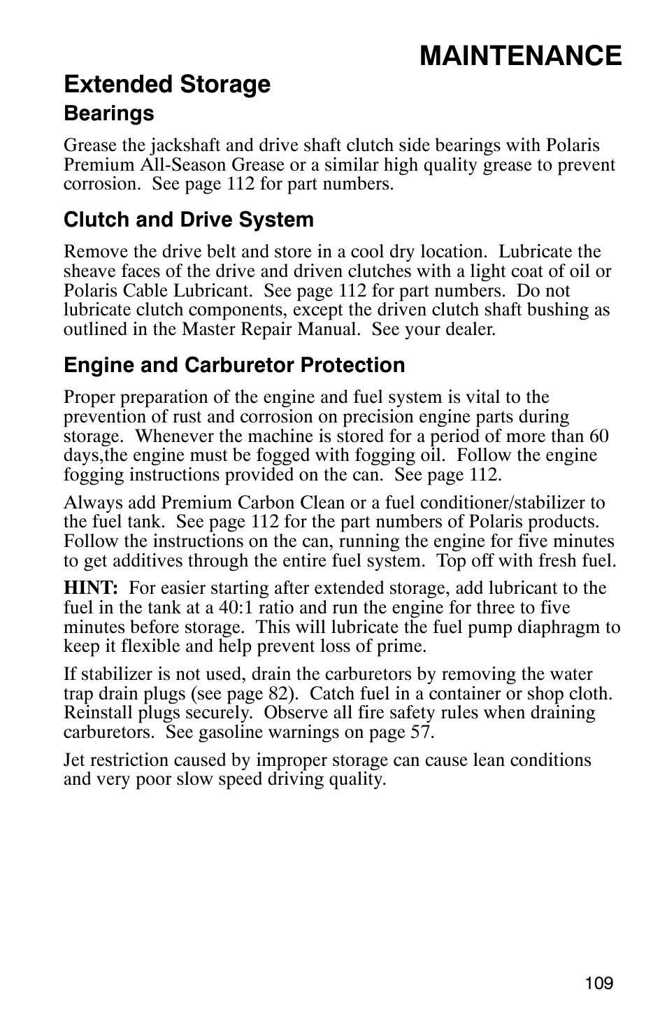 Maintenance, Extended storage | Polaris 800 Pro X User Manual | Page 111 / 129