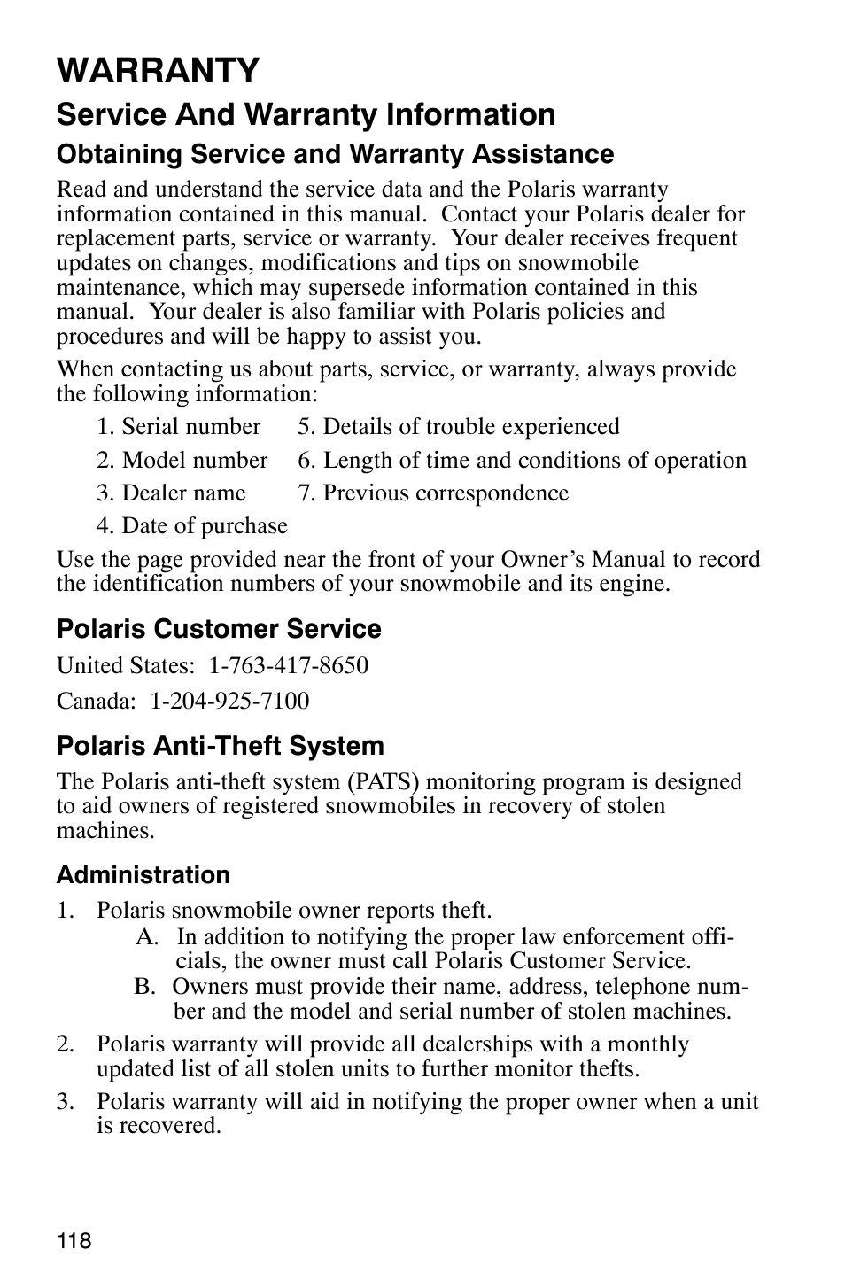 Warranty, Service and warranty information | Polaris 800 Pro X User Manual | Page 120 / 129