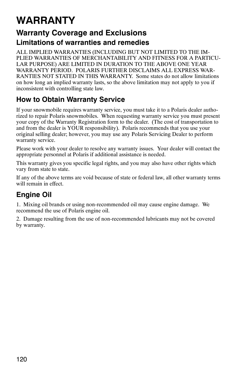 Warranty, Warranty coverage and exclusions | Polaris 800 Pro X User Manual | Page 122 / 129