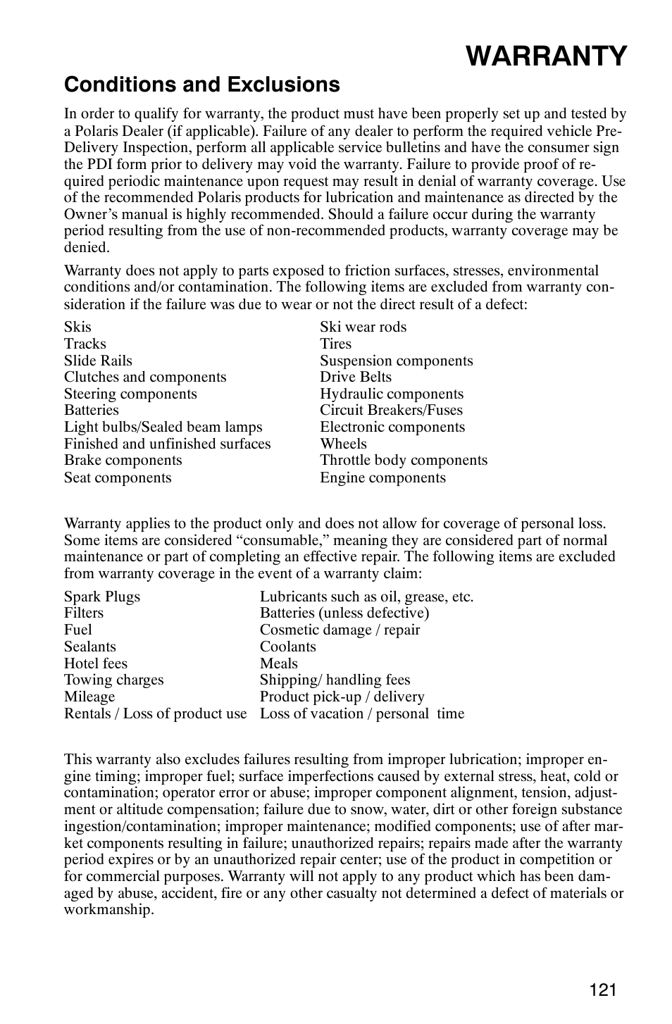 Warranty, Conditions and exclusions | Polaris 800 Pro X User Manual | Page 123 / 129