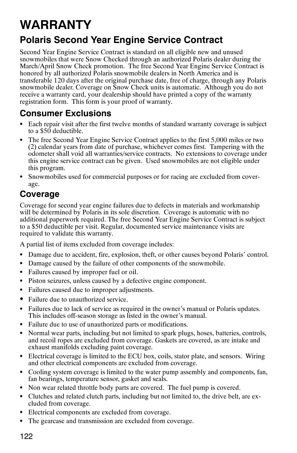 Warranty, Polaris second year engine service contract, Consumer exclusions | Coverage | Polaris 800 Pro X User Manual | Page 124 / 129