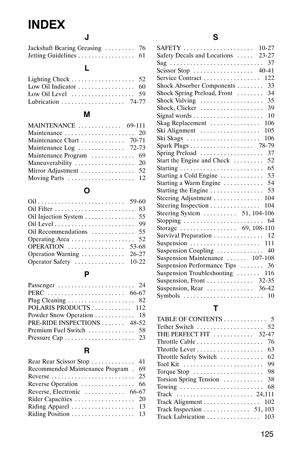 Index | Polaris 800 Pro X User Manual | Page 127 / 129