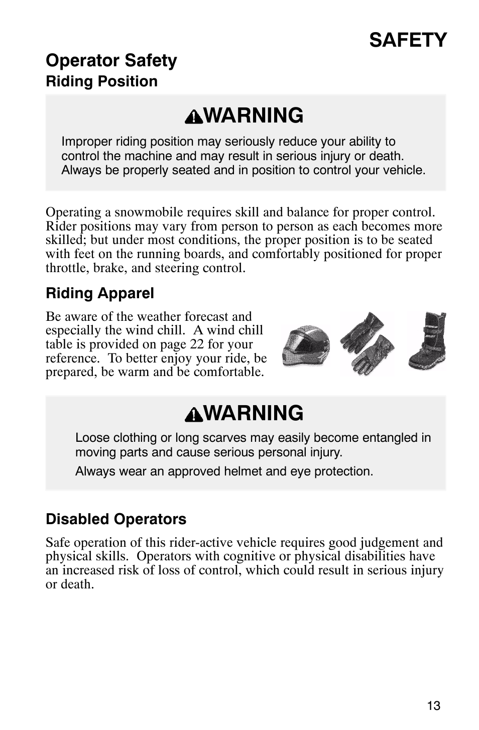 Warning, Safety, Operator safety | Polaris 800 Pro X User Manual | Page 15 / 129