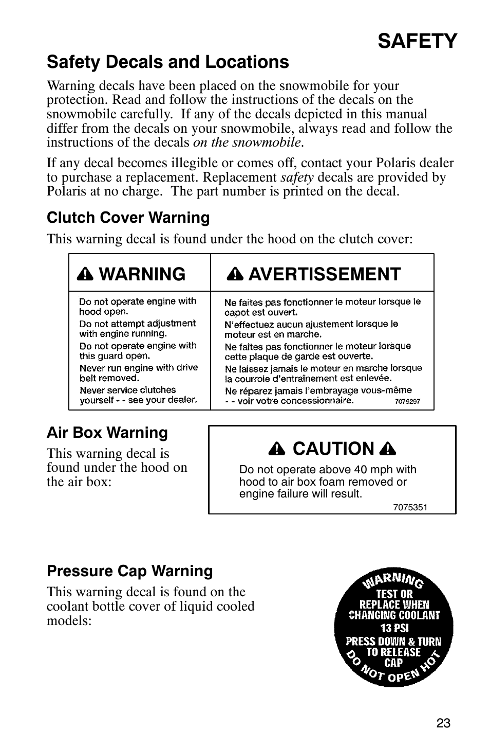 Safety, Safety decals and locations, Warning avertissement caution | Polaris 800 Pro X User Manual | Page 25 / 129