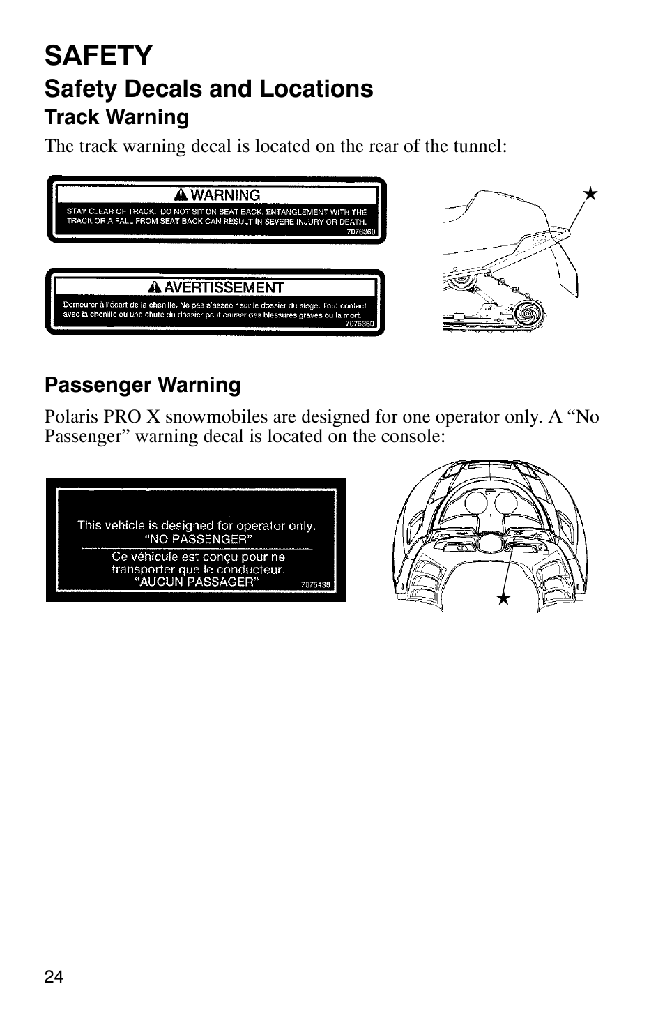 Safety, Safety decals and locations | Polaris 800 Pro X User Manual | Page 26 / 129