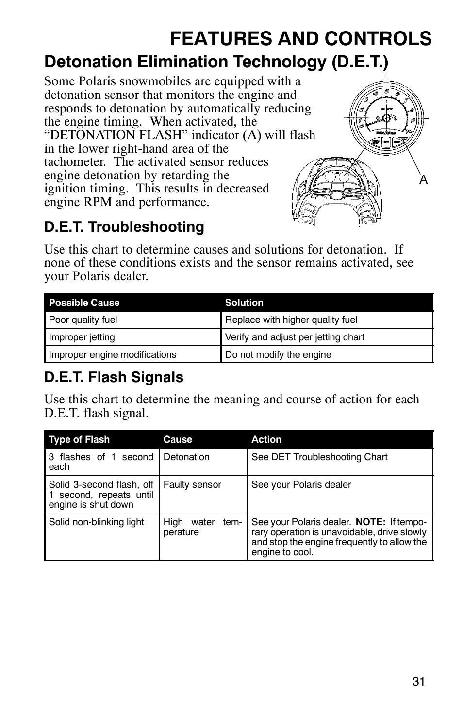 Features and controls, Detonation elimination technology (d.e.t.), D.e.t. troubleshooting | D.e.t. flash signals | Polaris 800 Pro X User Manual | Page 33 / 129