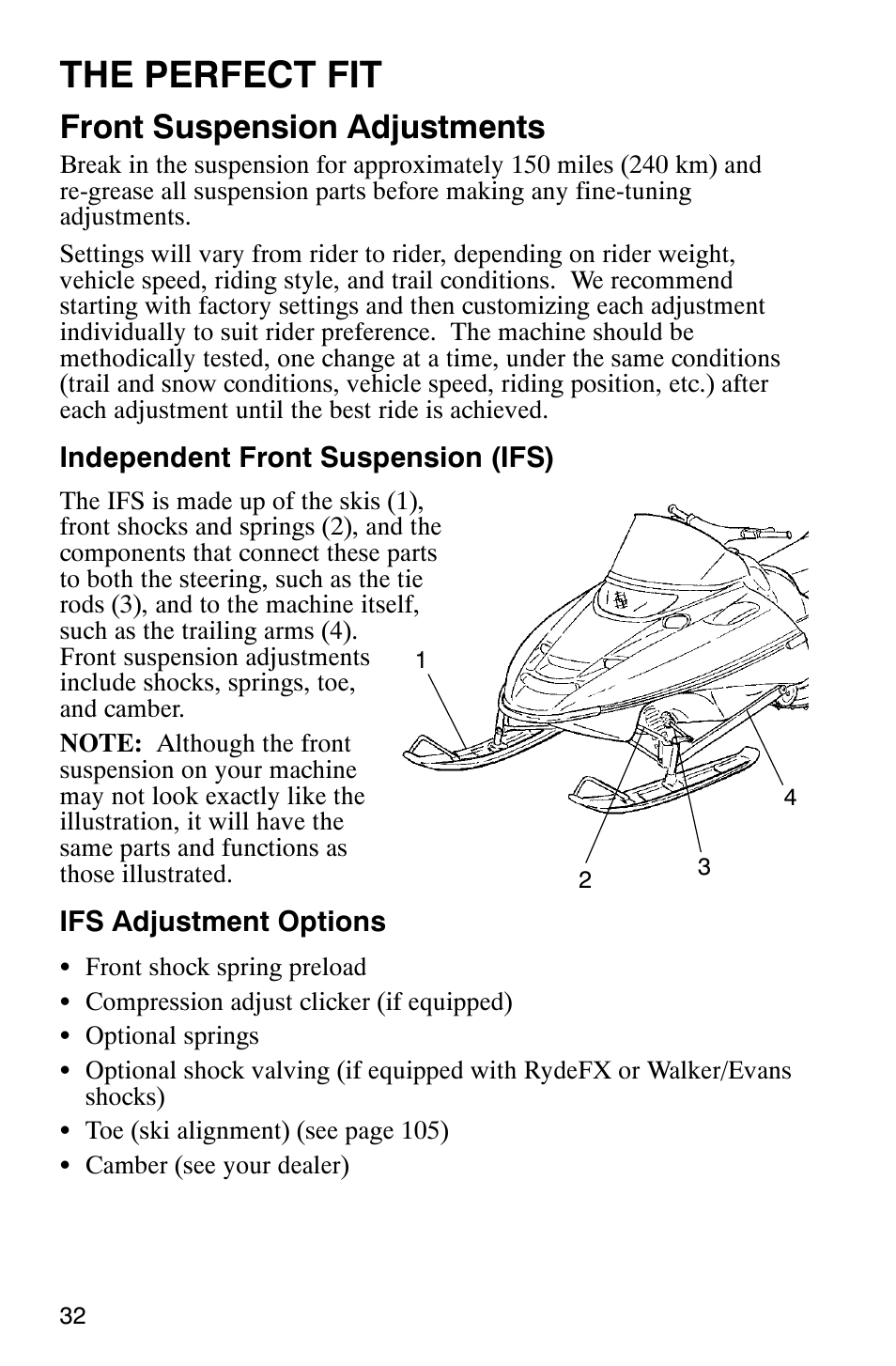 The perfect fit, Front suspension adjustments | Polaris 800 Pro X User Manual | Page 34 / 129