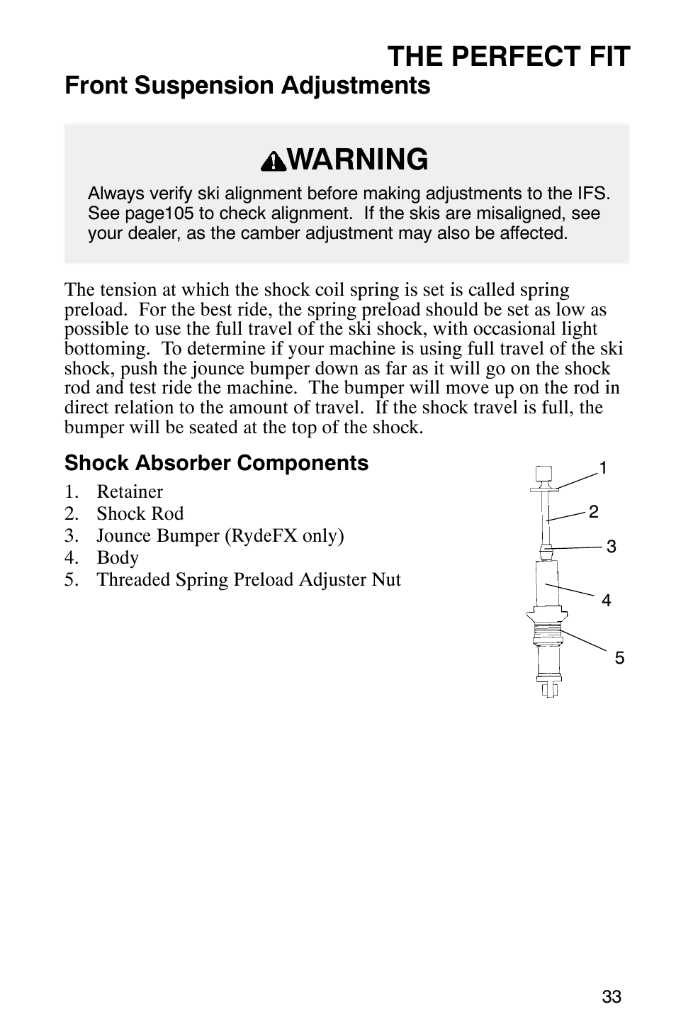 Warning, The perfect fit, Front suspension adjustments | Polaris 800 Pro X User Manual | Page 35 / 129