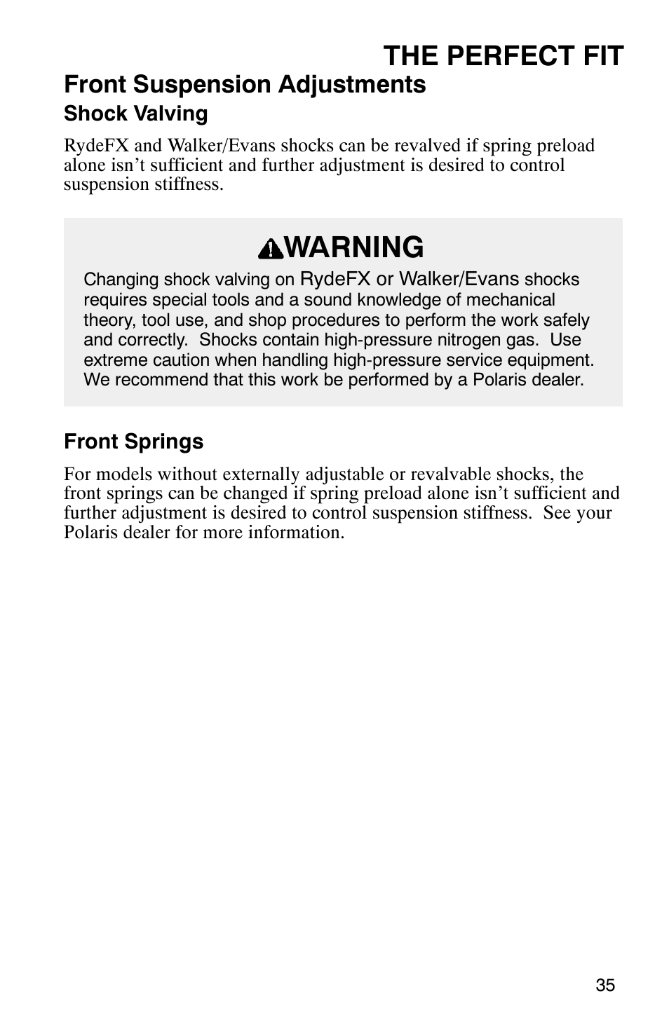 Warning, The perfect fit, Front suspension adjustments | Polaris 800 Pro X User Manual | Page 37 / 129