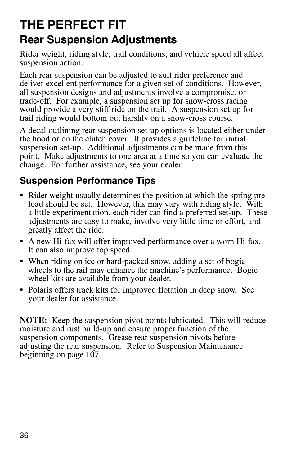 The perfect fit, Rear suspension adjustments | Polaris 800 Pro X User Manual | Page 38 / 129