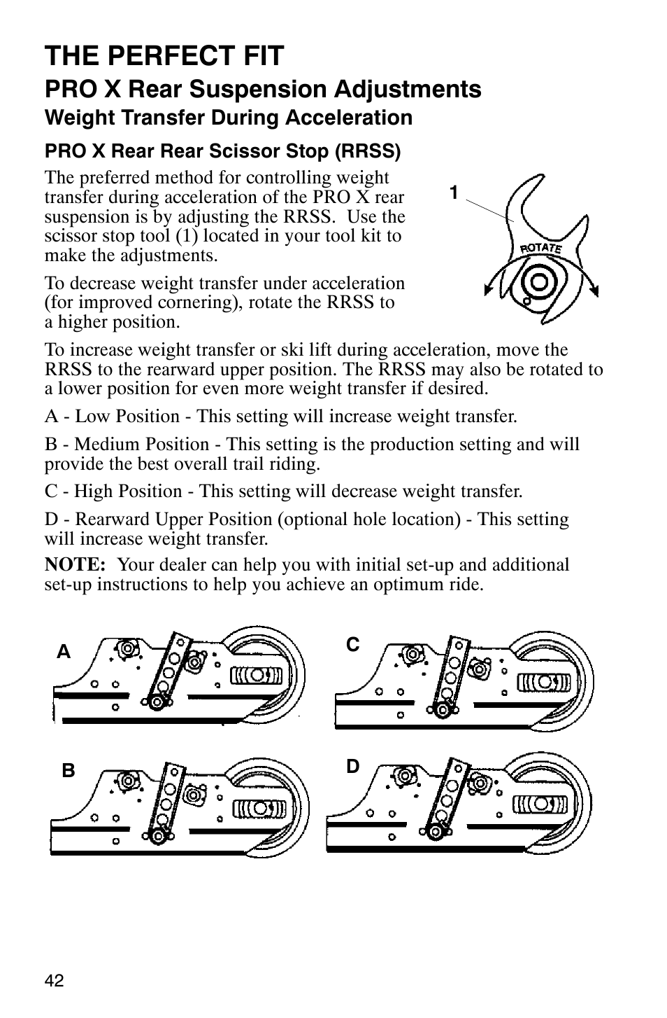 The perfect fit, Pro x rear suspension adjustments | Polaris 800 Pro X User Manual | Page 44 / 129