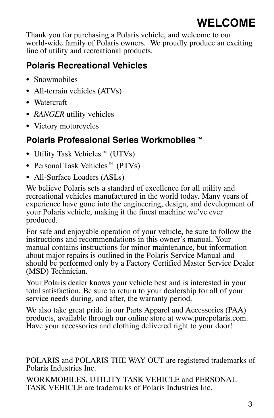 Welcome | Polaris 800 Pro X User Manual | Page 5 / 129