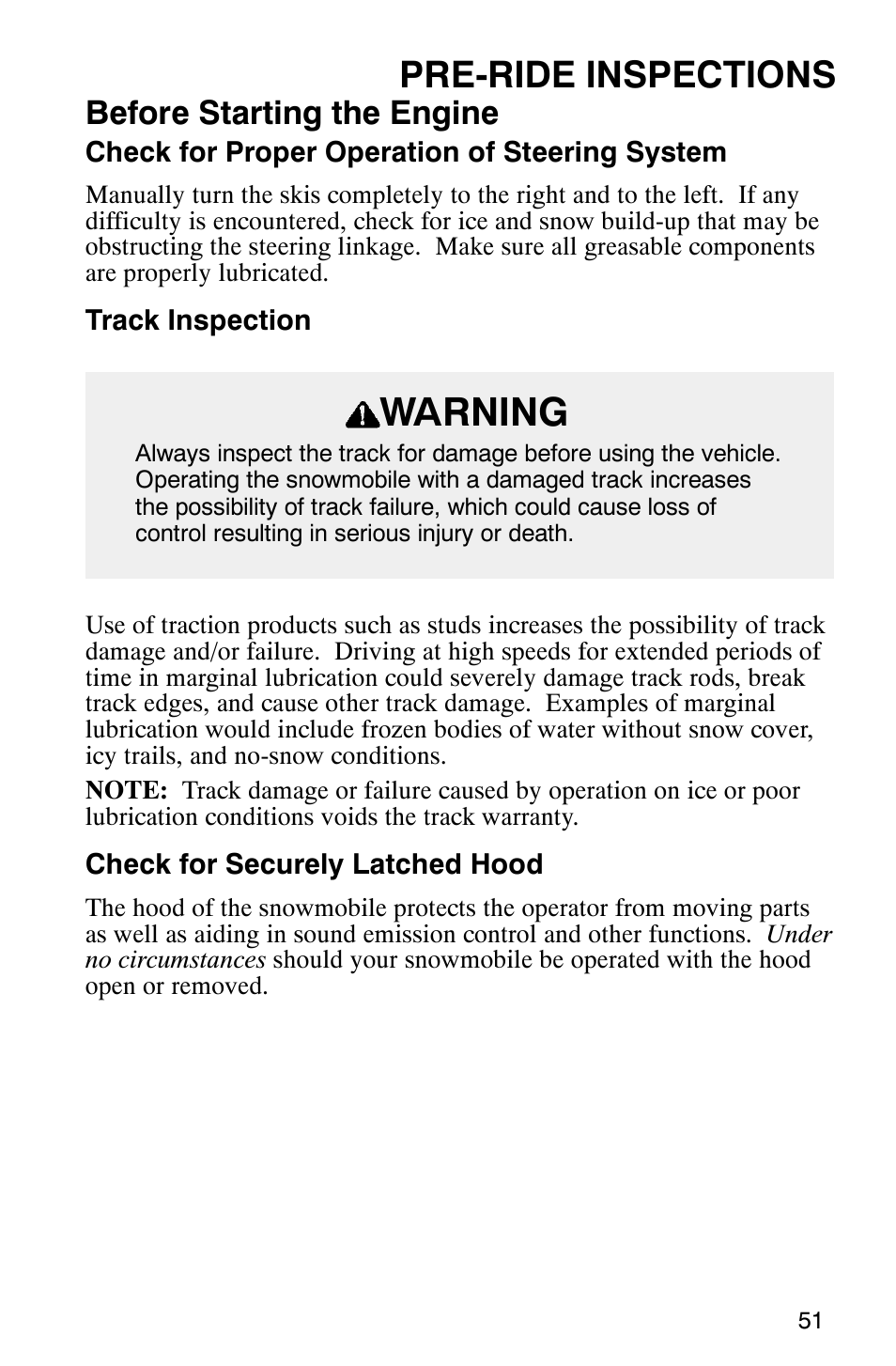 Warning, Pre-ride inspections, Before starting the engine | Polaris 800 Pro X User Manual | Page 53 / 129