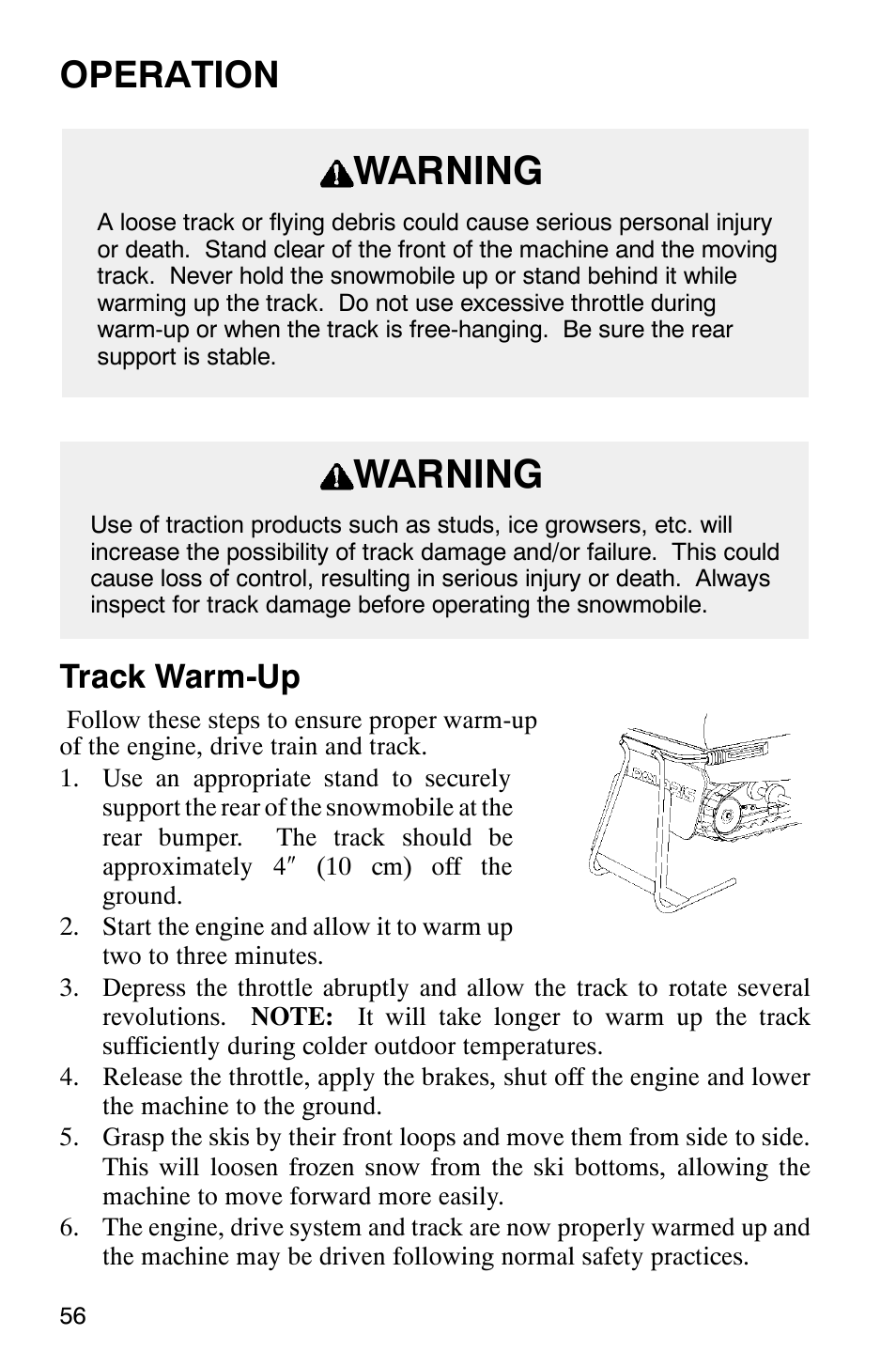 Warning, Operation, Track warm-up | Polaris 800 Pro X User Manual | Page 58 / 129