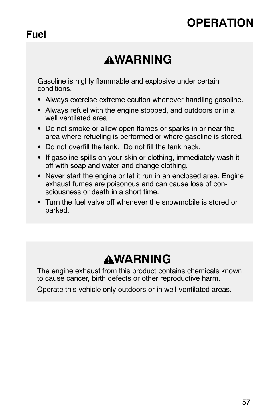 Warning, Operation, Fuel | Polaris 800 Pro X User Manual | Page 59 / 129