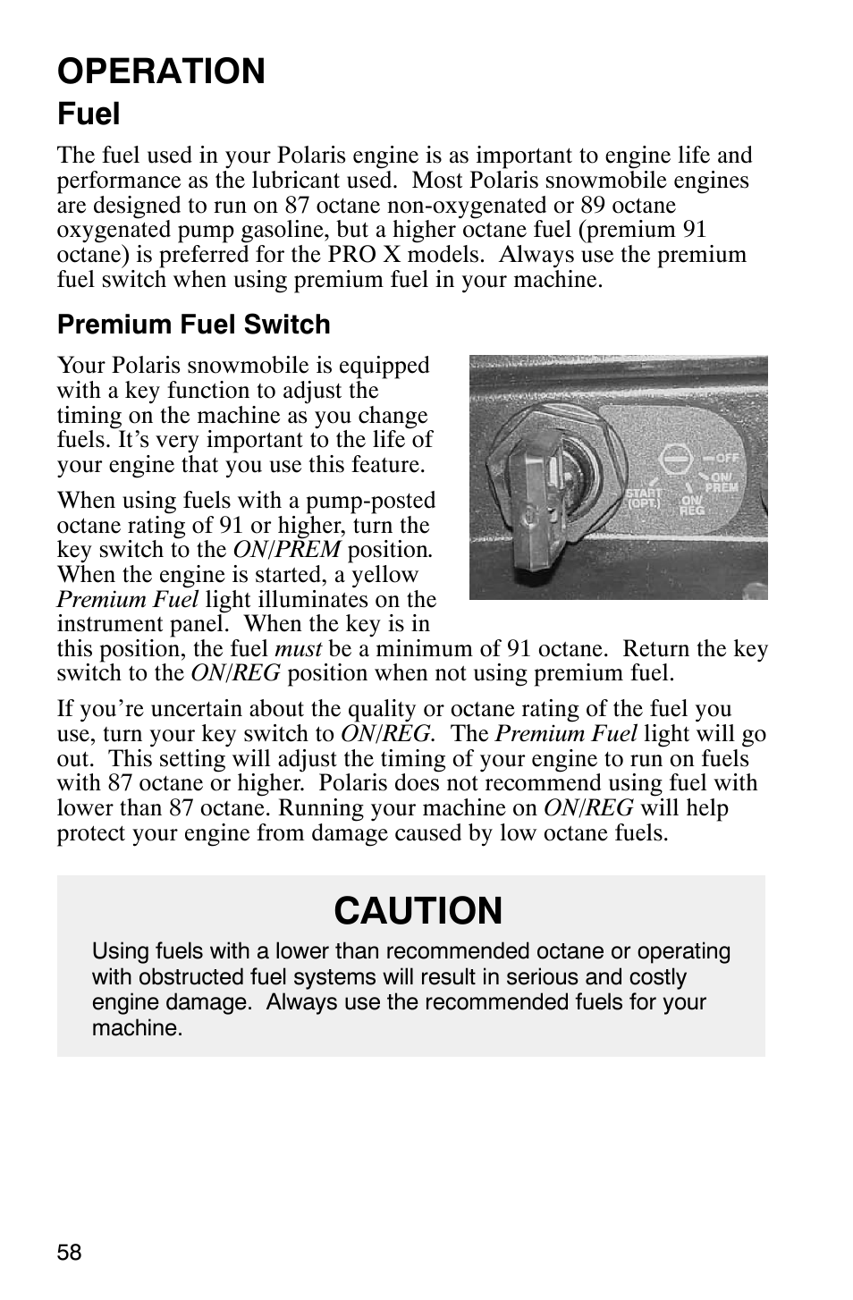 Caution, Operation, Fuel | Polaris 800 Pro X User Manual | Page 60 / 129