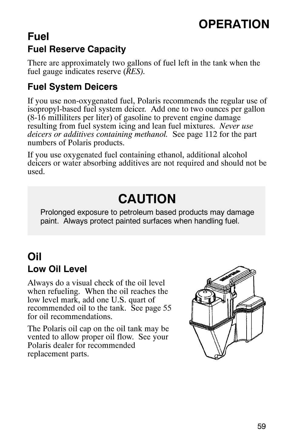 Caution, Operation, Fuel | Polaris 800 Pro X User Manual | Page 61 / 129