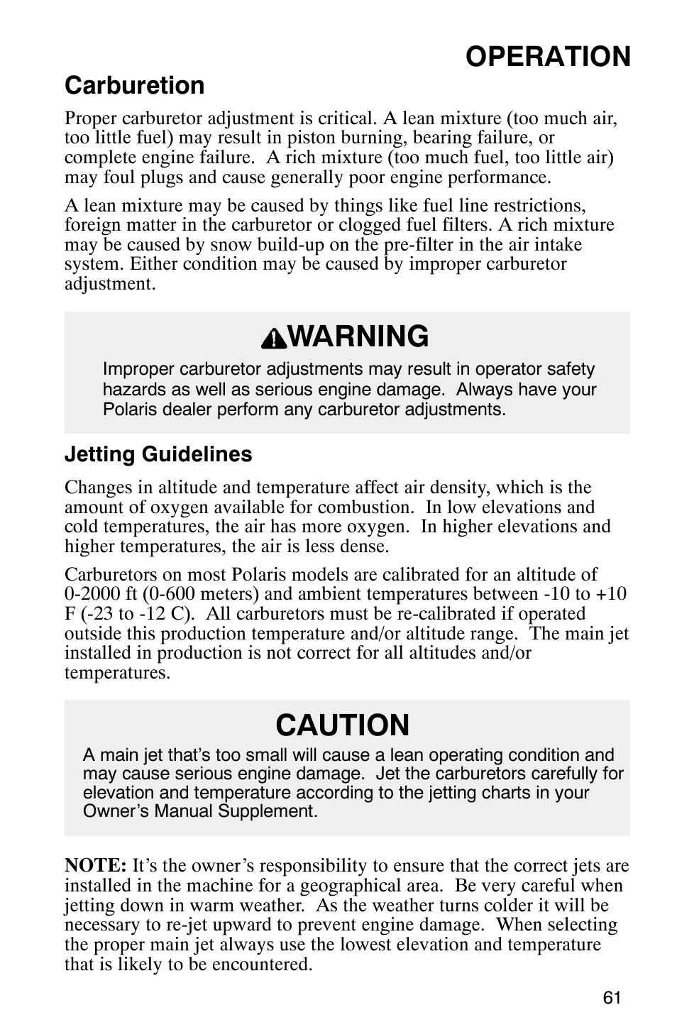 Warning caution, Operation, Carburetion | Polaris 800 Pro X User Manual | Page 63 / 129