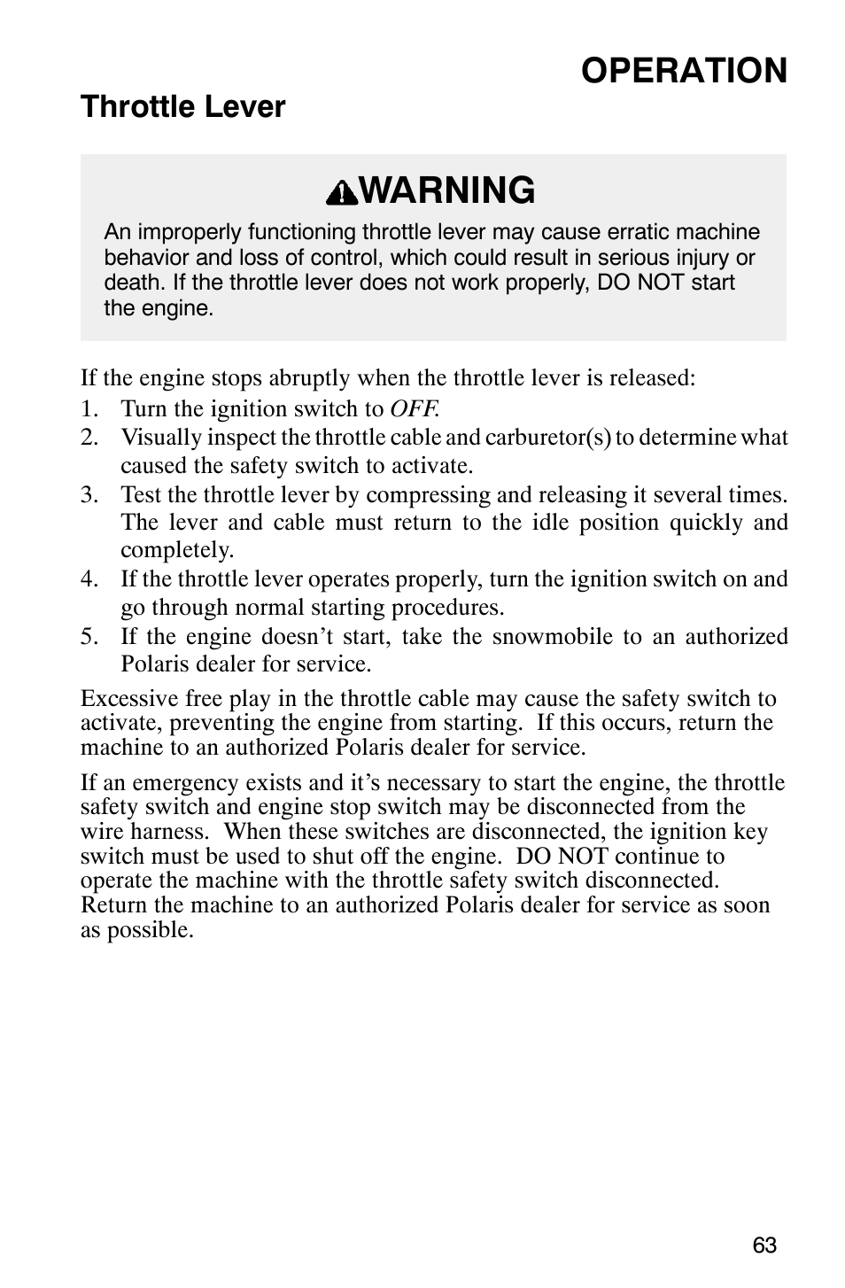 Warning, Operation, Throttle lever | Polaris 800 Pro X User Manual | Page 65 / 129