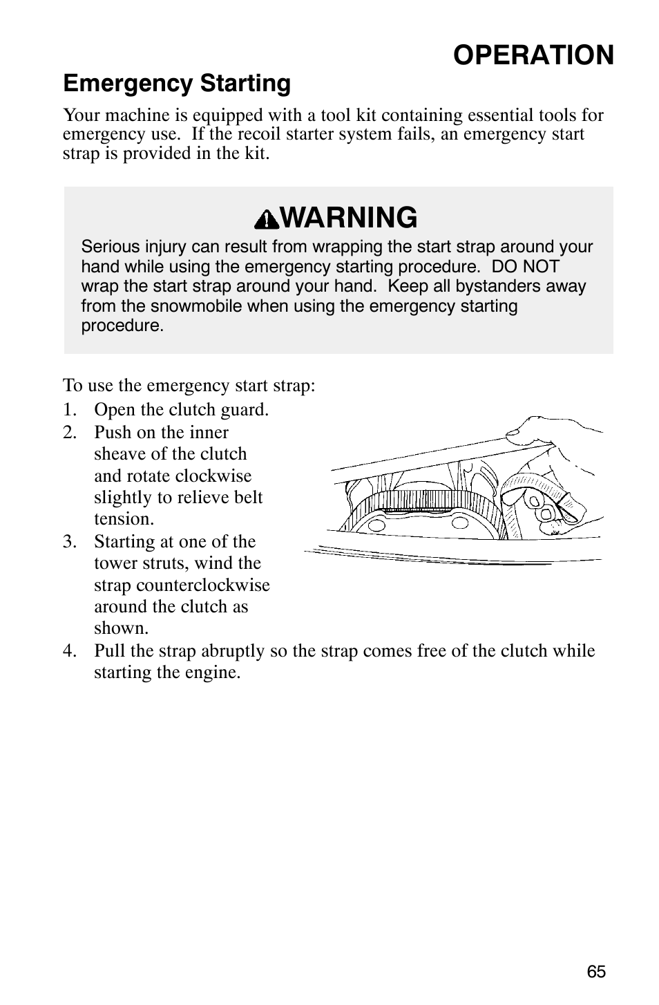 Warning, Operation, Emergency starting | Polaris 800 Pro X User Manual | Page 67 / 129